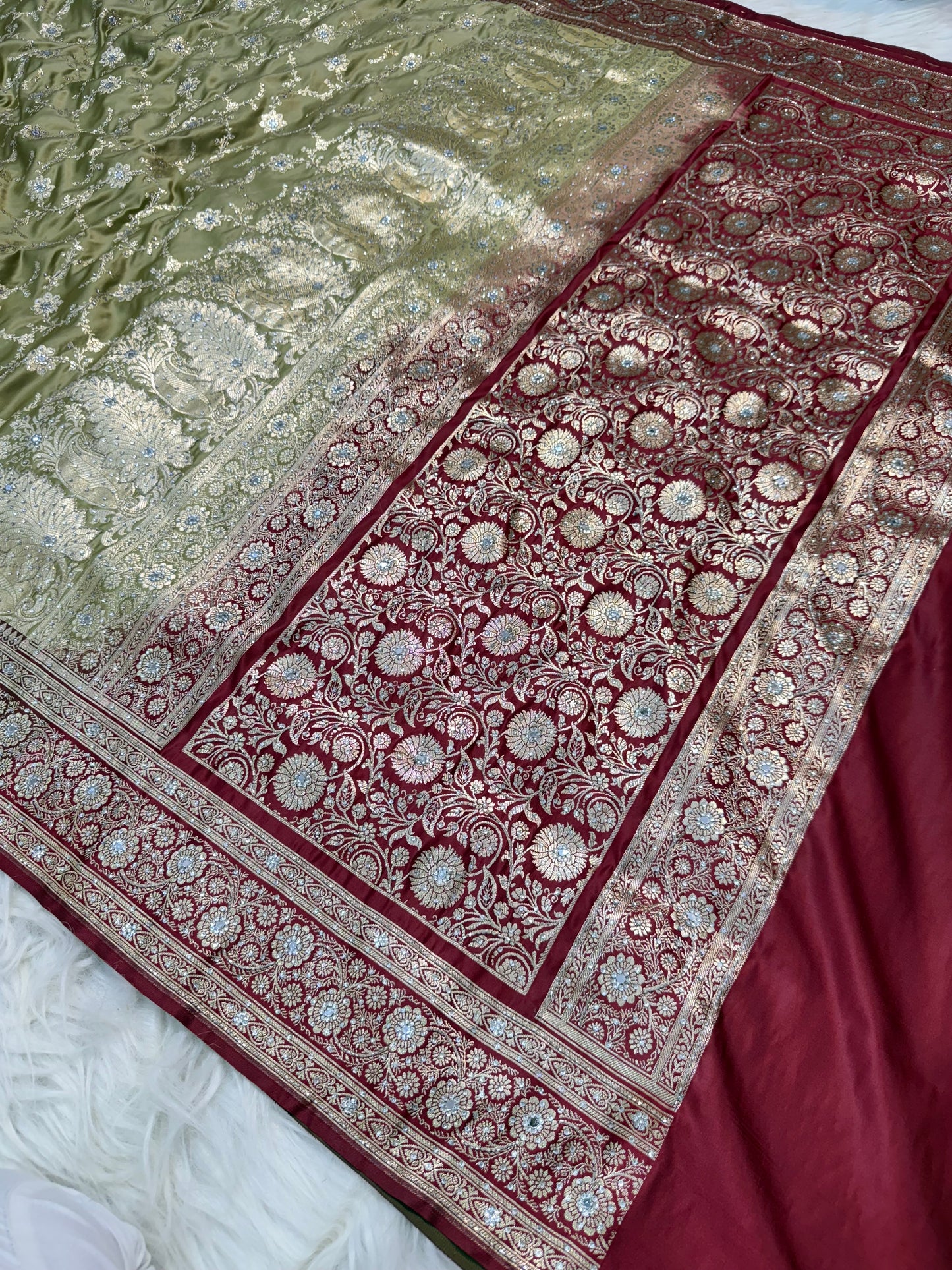 Pista green & maroon shade Bridal Satan katan ari & stone work Banarasi silk Saree