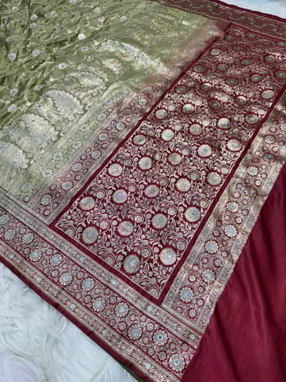 Pista green & maroon shade Bridal Satan katan ari & stone work Banarasi silk Saree
