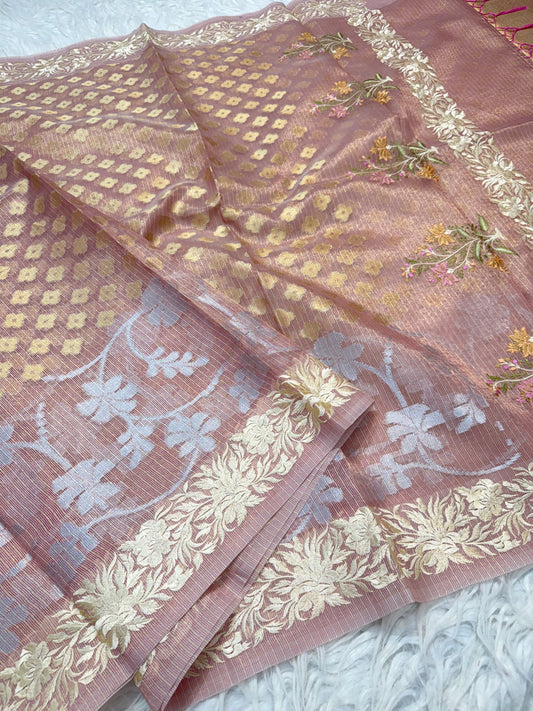 Peach shade tissue kota embroidery primum Banarasi saree