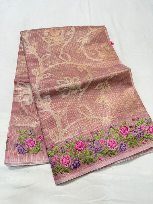 Peach shade tissue kota embroidery primum Banarasi saree