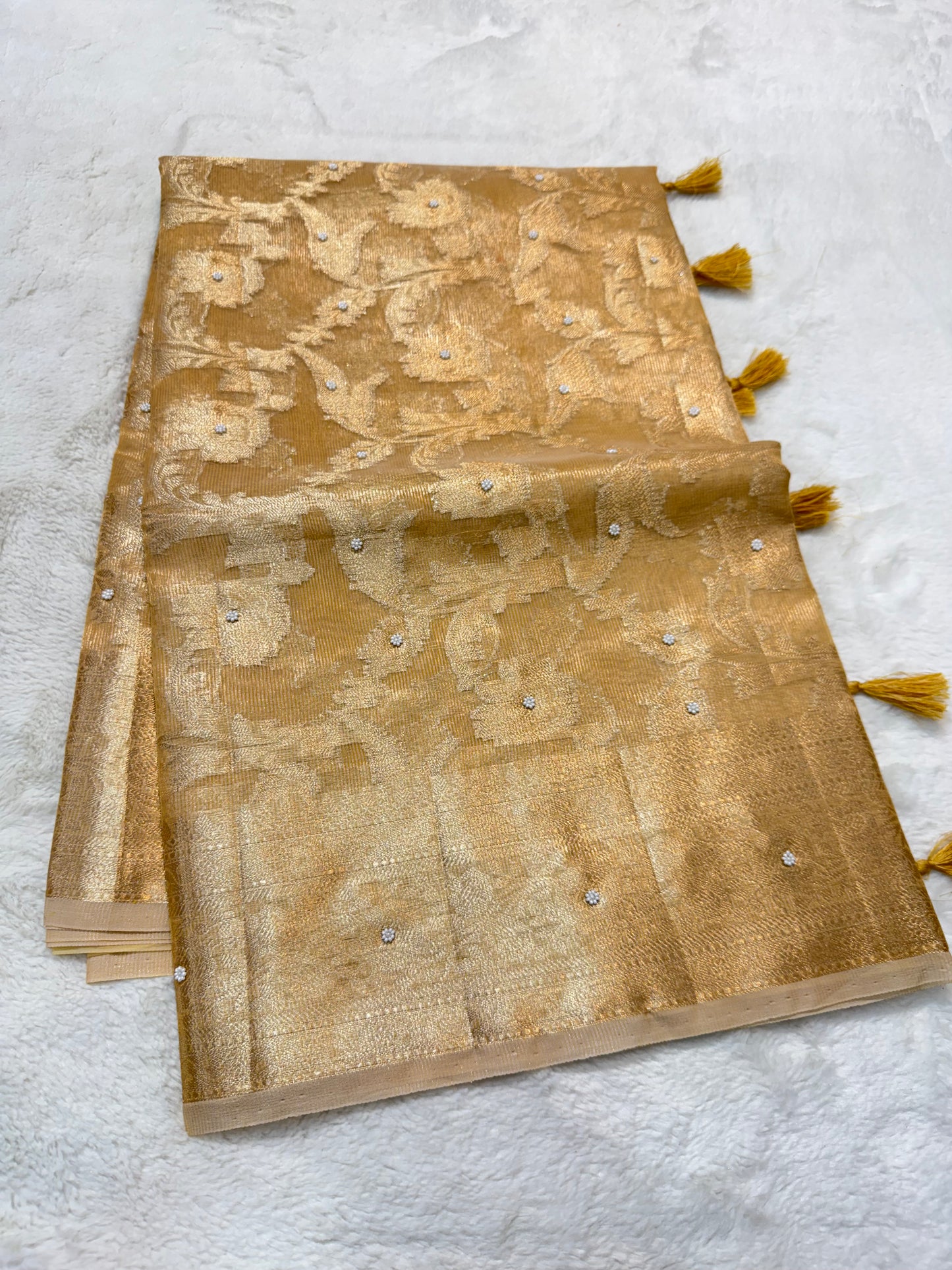 Gold shade tissue kota designer handwork premium Banarasi saree