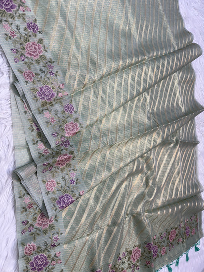 Pista green shade tissue kota embroidery primum Banarasi saree