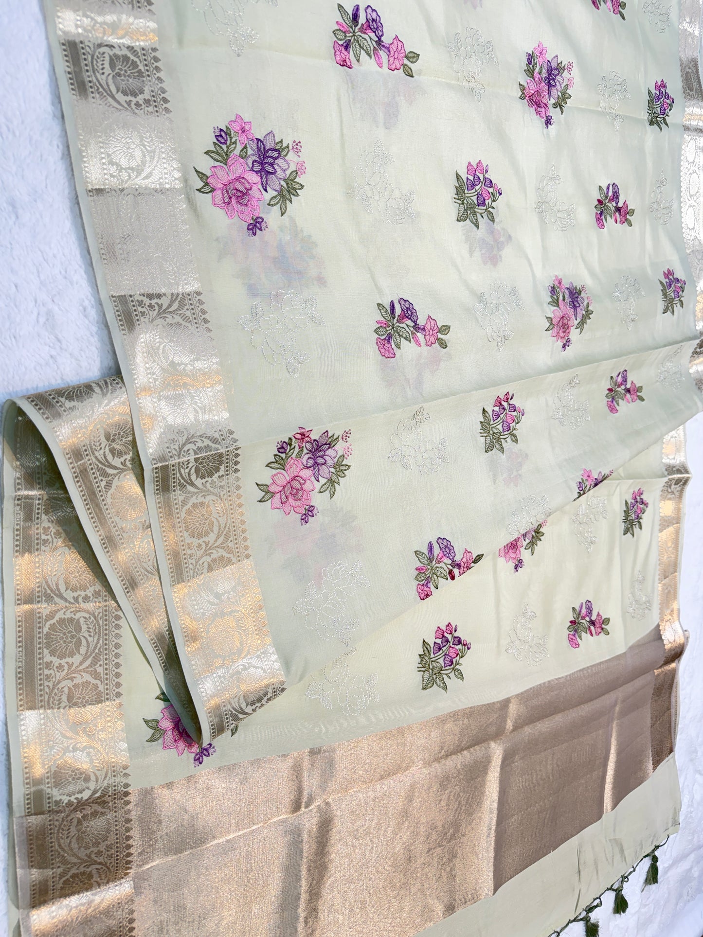 Pista green shade soft silk designer  premium embroidery Banarasi saree