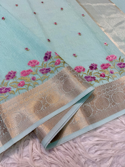 Turquoise shade linen embroidery Banarasi saree