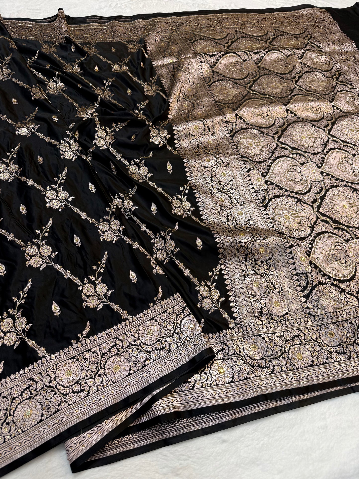 Black shade Bridal Mashru ari & stone Silk Banarasi Saree