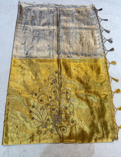 Gold silver tissue half half  tissue designer hand work Banarasi saree