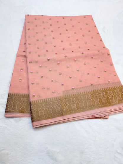 Peach shade kota designer embroidery Banarasi saree
