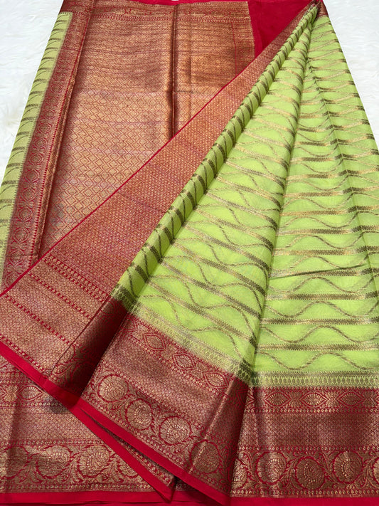 Pista green red shade georgatte Banarasi saree