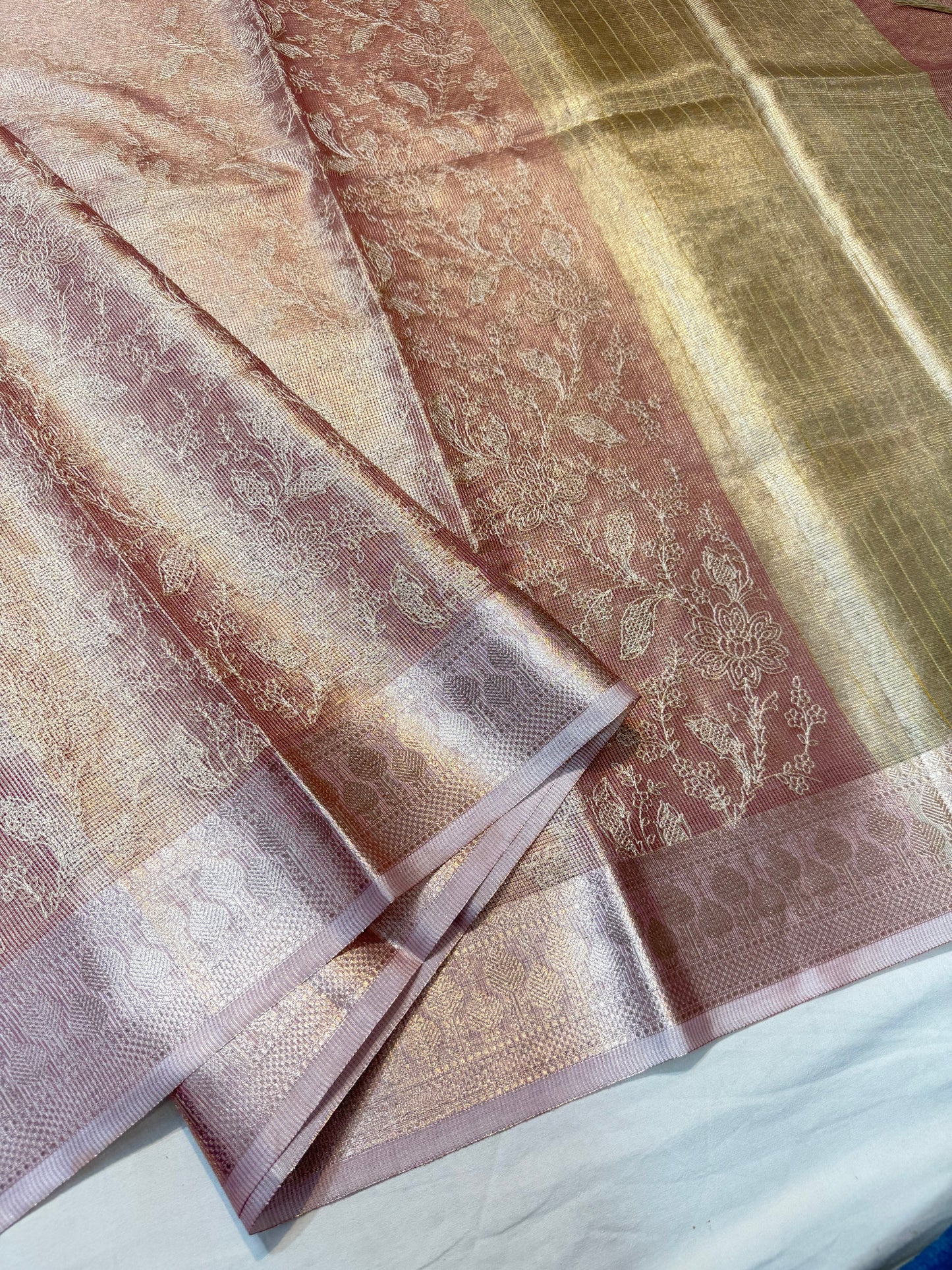 Peach shade tissue kota embroidery primum Banarasi saree