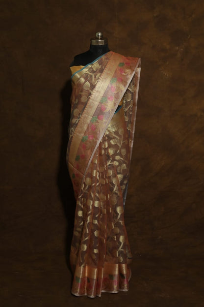 Bronze shade kora organza Banarasi saree