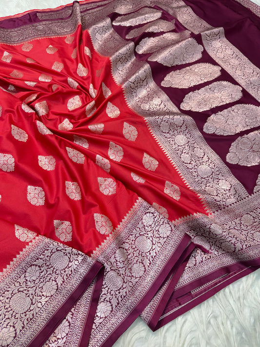 Red & wine premium mashru katan Banarasi saree