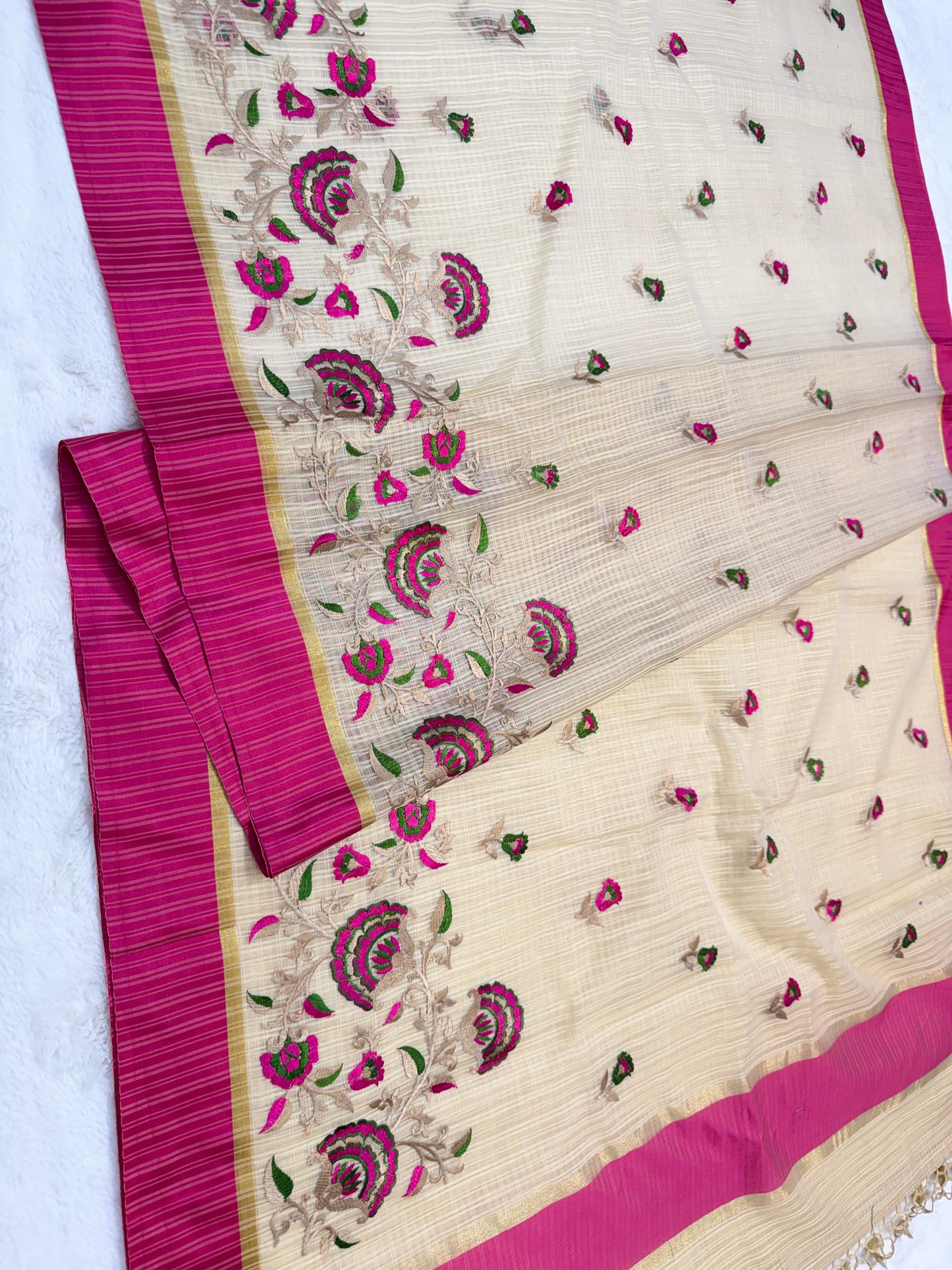 Beige royal pink shade kota embroidery Banarasi saree