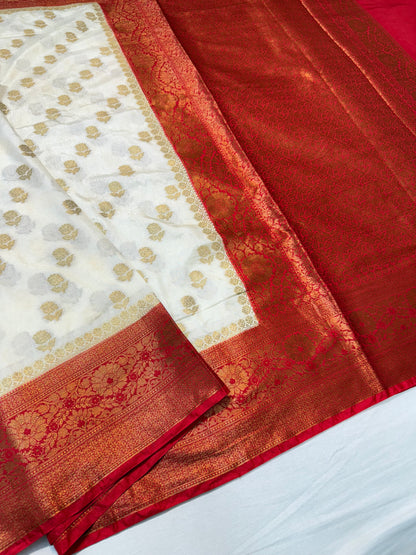 Off white red  shade Dupion Silk premium Banarasi Saree