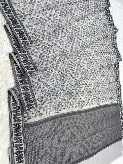 Grey shade cotton kota chickenkari embroidery Banarasi saree