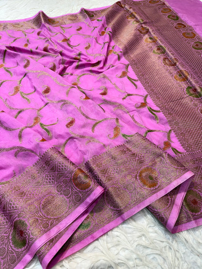 Pink & multicolour shade georgatte hand brush print Banarasi saree