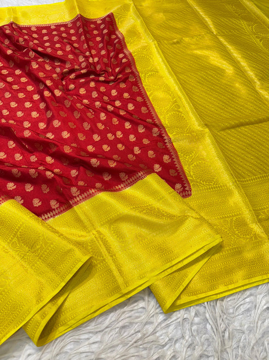 Yellow & Red Dupion Silk Banarasi  Saree 