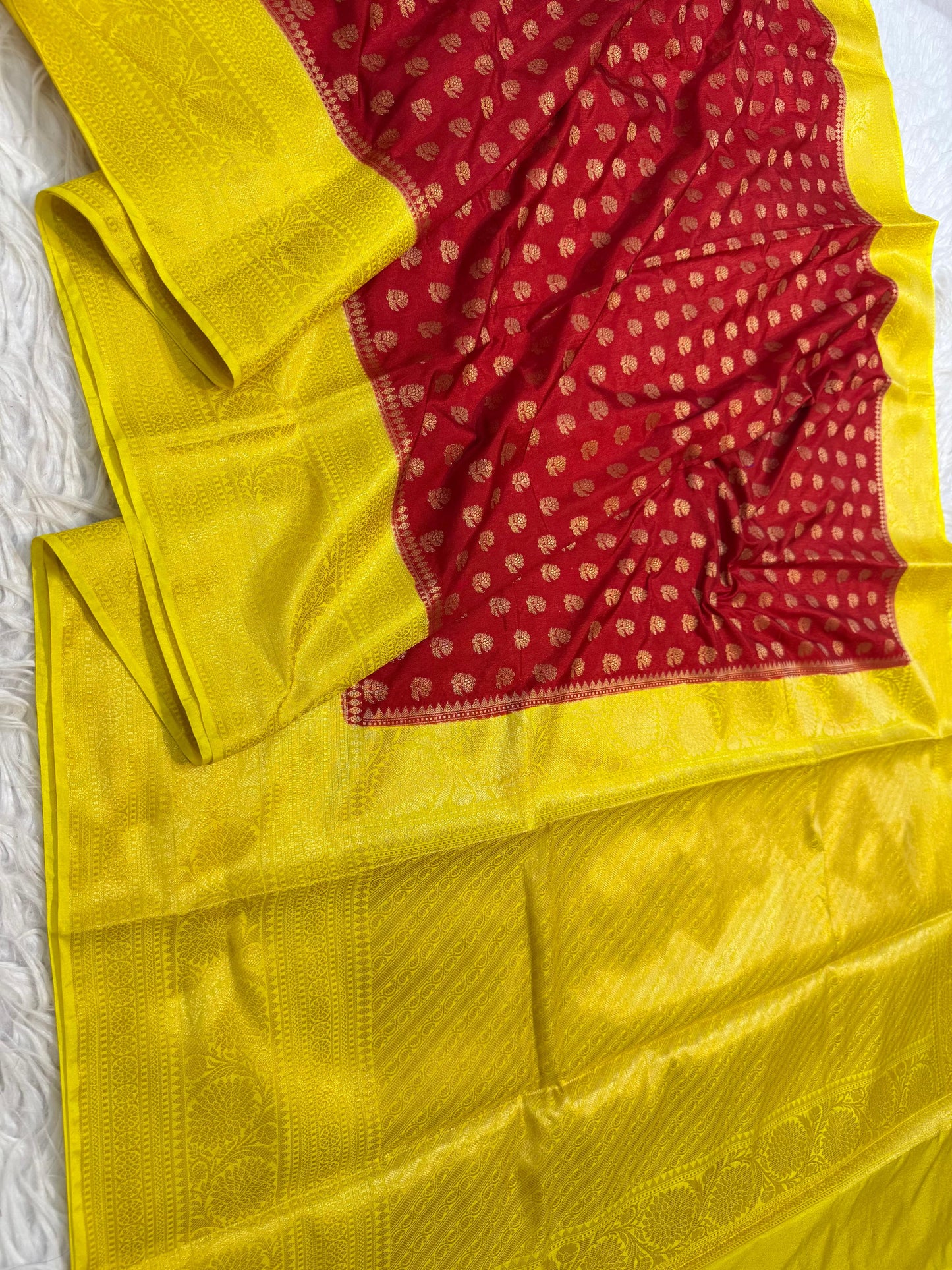 Yellow & Red Dupion Silk Banarasi  Saree 