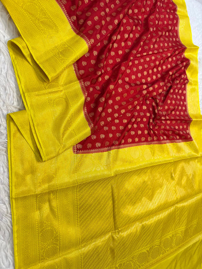 Yellow & Red Dupion Silk Banarasi  Saree 
