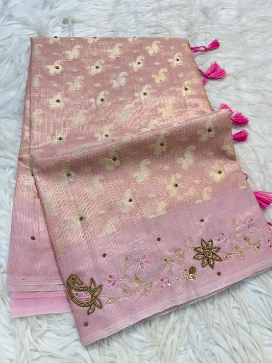 Pink shade tissue kota designer handwork premium Banarasi saree