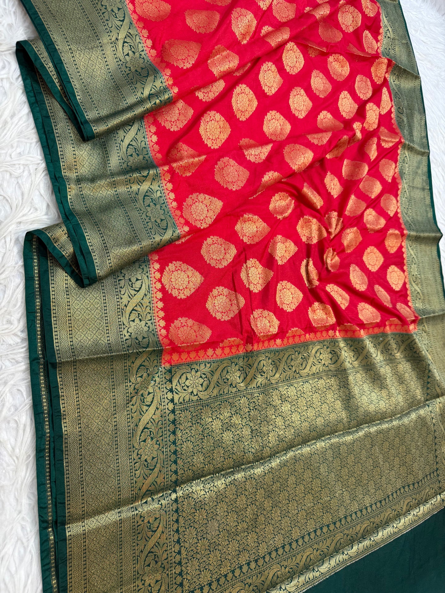 Red & bottle green shade Dupion Silk Banarasi Saree 