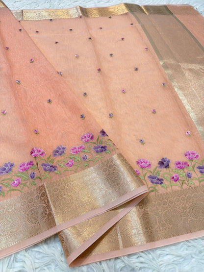 Peach shade linen embroidery Banarasi saree