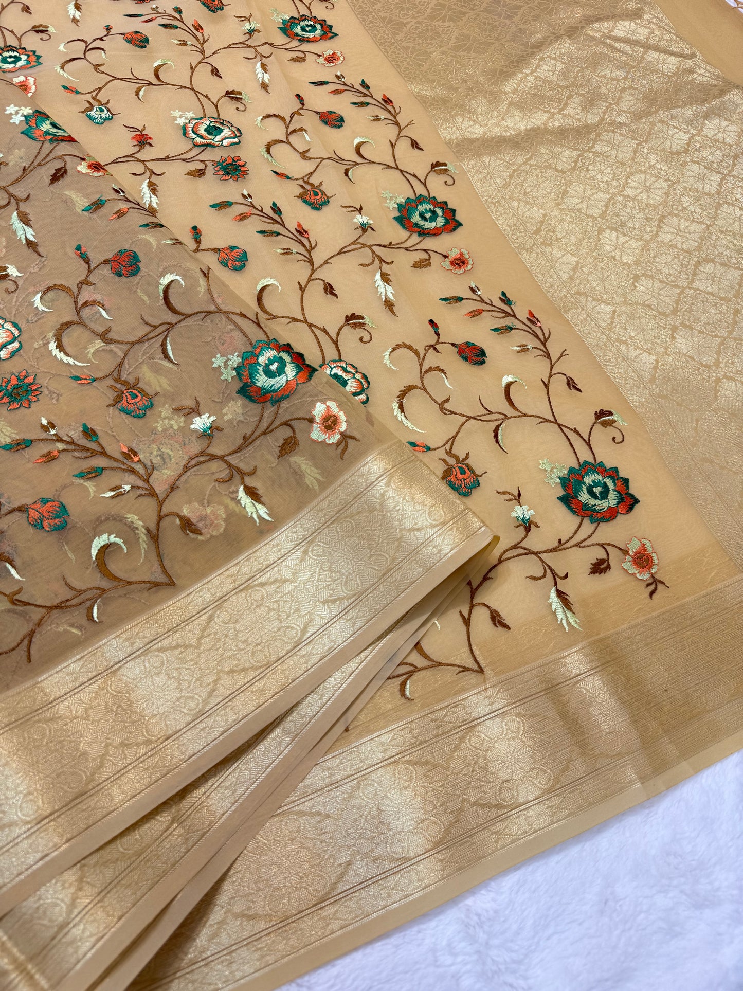 Beige shade organza designer premium embroidery Banarasi saree