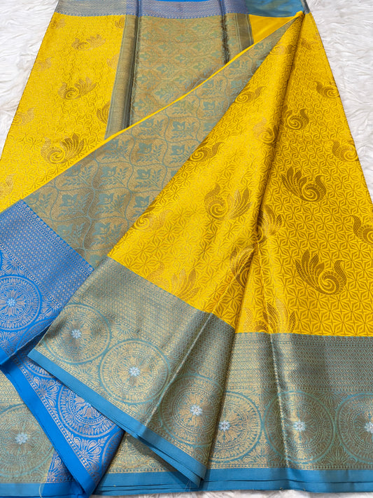 Yellow firozi shade premium soft silk Banarasi saree