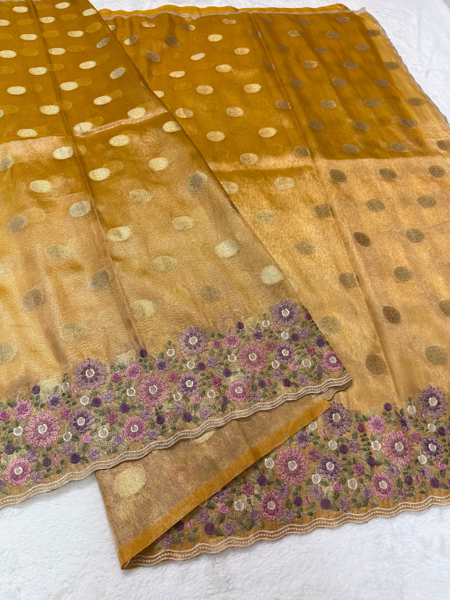 Gold shade tissue cutwork embroidery premium designer Banarasi saree