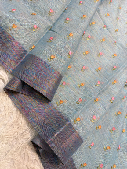 Sea green  shade linen  embroidery Banarasi saree
