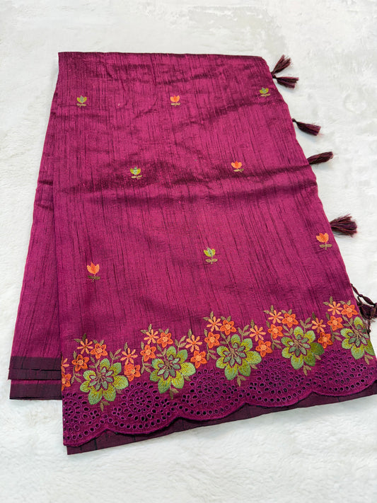 Royal pink shade premium tussee designer embroidery Banarasi saree