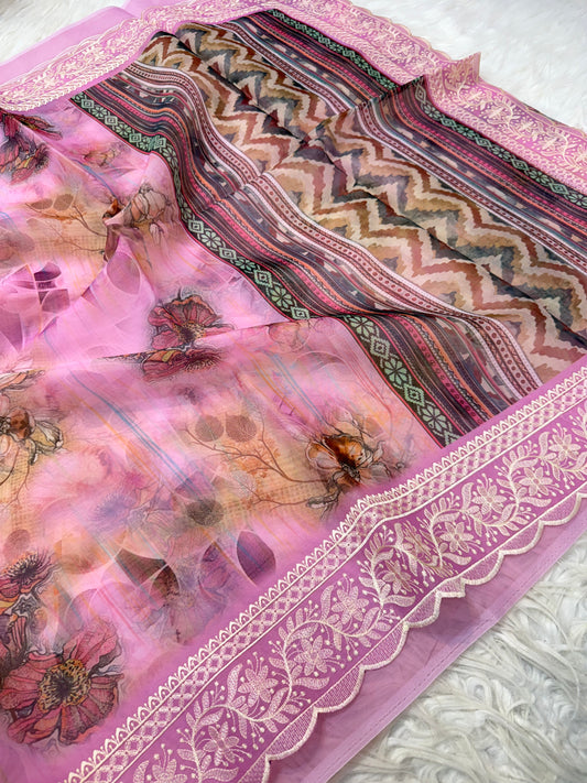Pink multi shade  kora organza digital print embroidery Banarasi saree