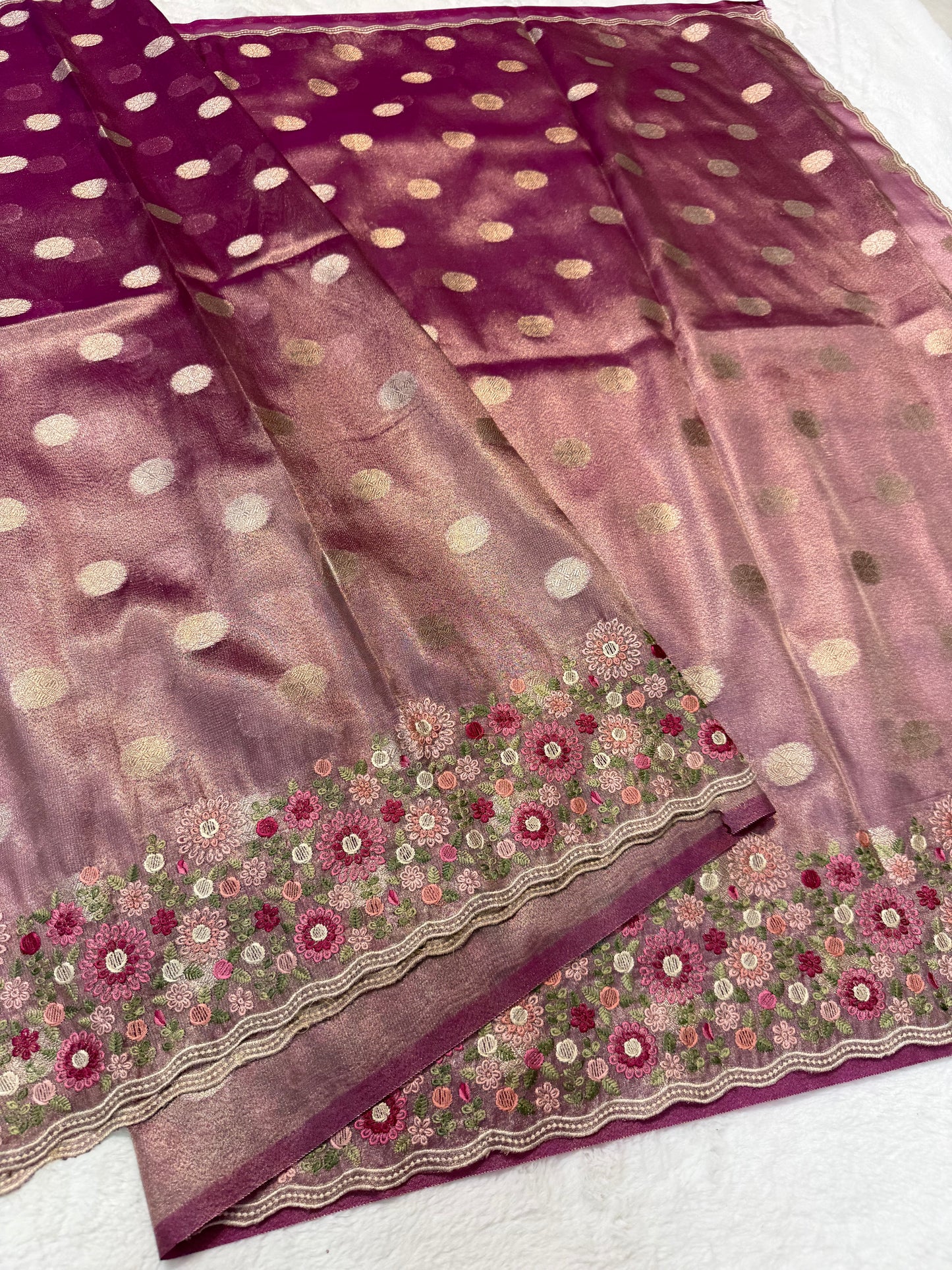 Maroon shade tissue cutwork embroidery premium designer Banarasi saree