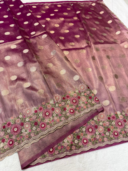 Maroon shade tissue cutwork embroidery premium designer Banarasi saree