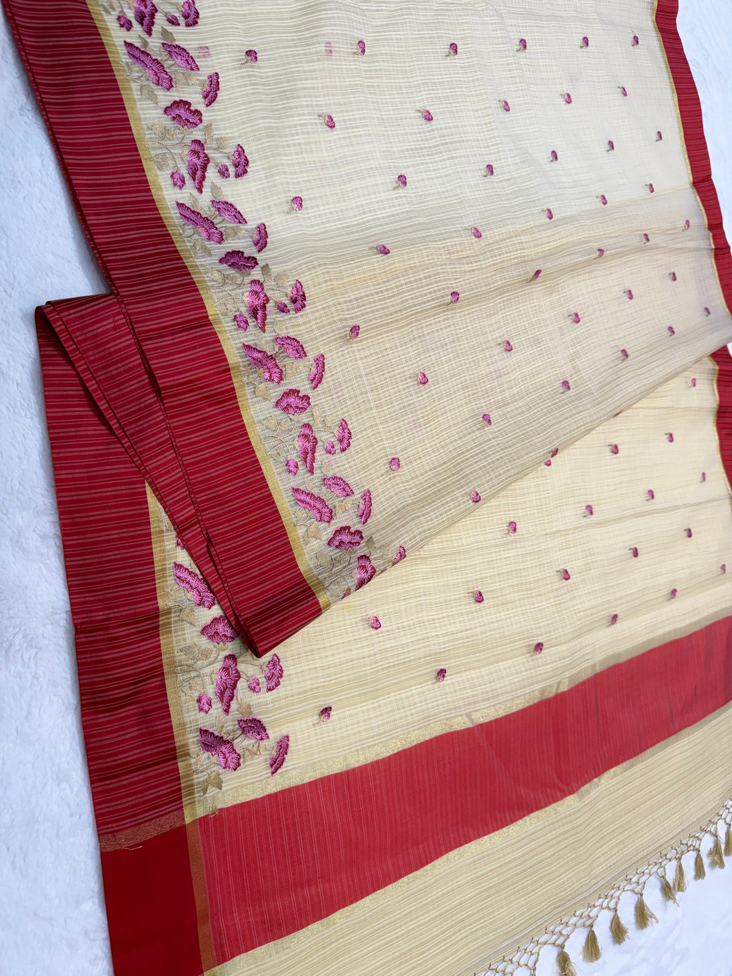 Beige red shade kota embroidery Banarasi saree