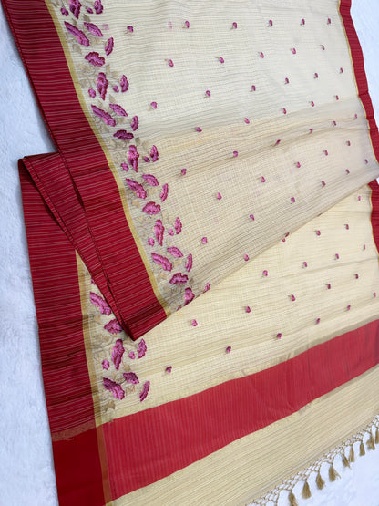 Beige red shade kota embroidery Banarasi saree