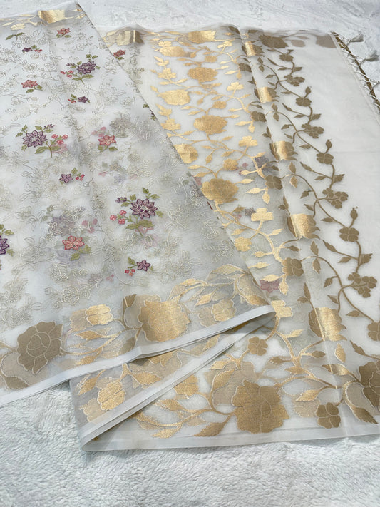 White shade organza designer  embroidery premium Banarasi saree