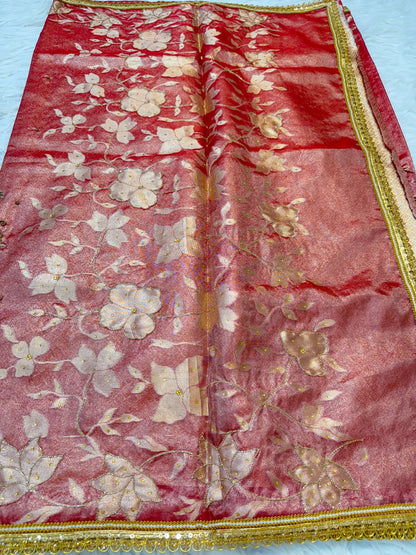 Red shade tissue ari & zardosi work designer premium Banarasi saree