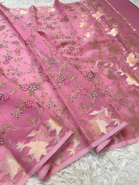 Peach shade kora organza embroidery banarasi saree