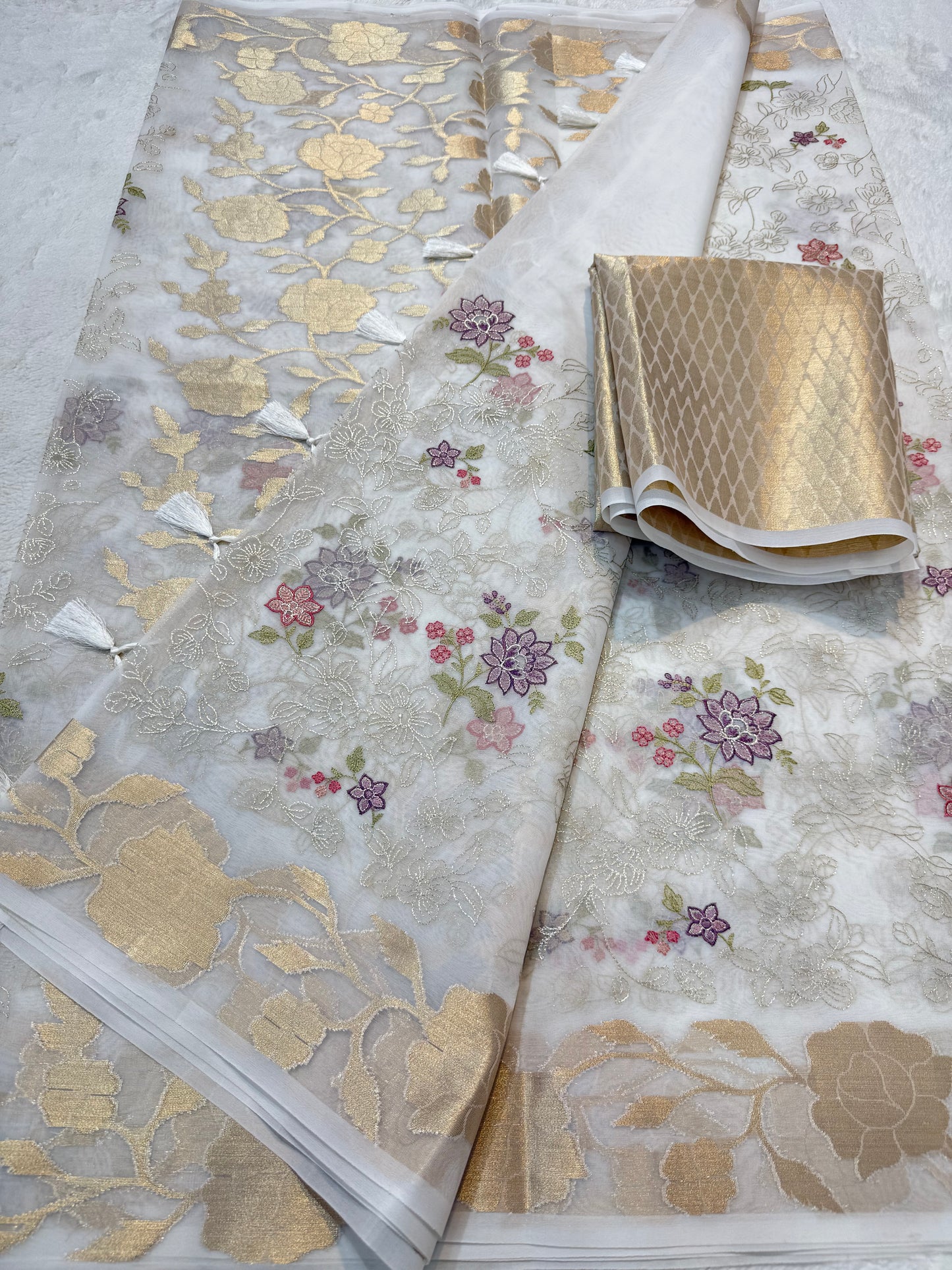 White shade organza designer  embroidery premium Banarasi saree