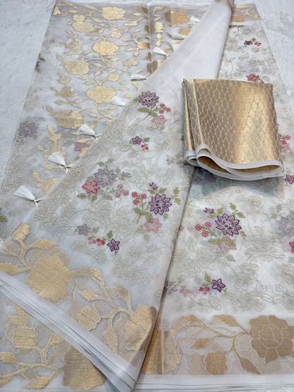 White shade organza designer  embroidery premium Banarasi saree