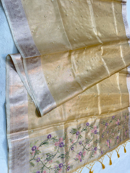 Gold shade kota tissue kota designer embroidery handwork premium Banarasi saree