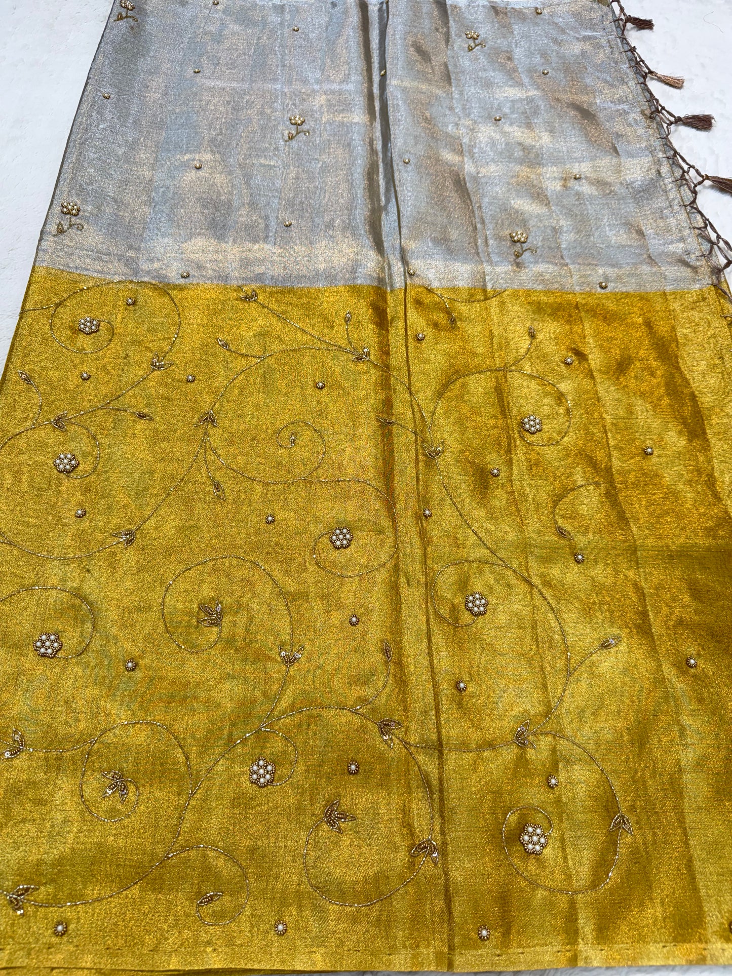 Gold silver tissue half half  tissue designer hand work Banarasi saree