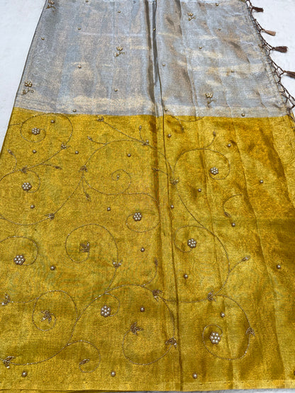 Gold silver tissue half half  tissue designer hand work Banarasi saree