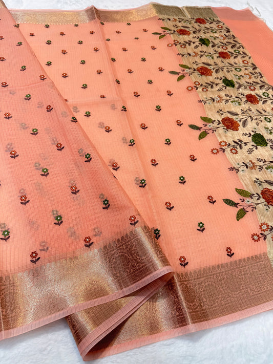 Peach shade cotton kota embroidery Banarasi saree