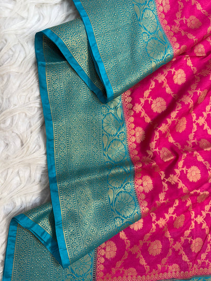 Royal pink firozi shade  Dupion Silk premium Banarasi Saree