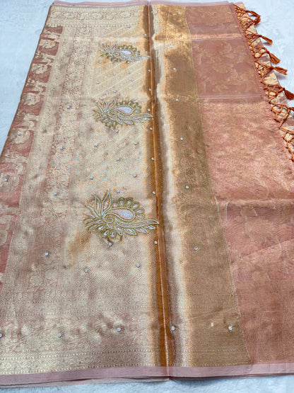 Peach shade tissue kota designer handwork premium Banarasi saree