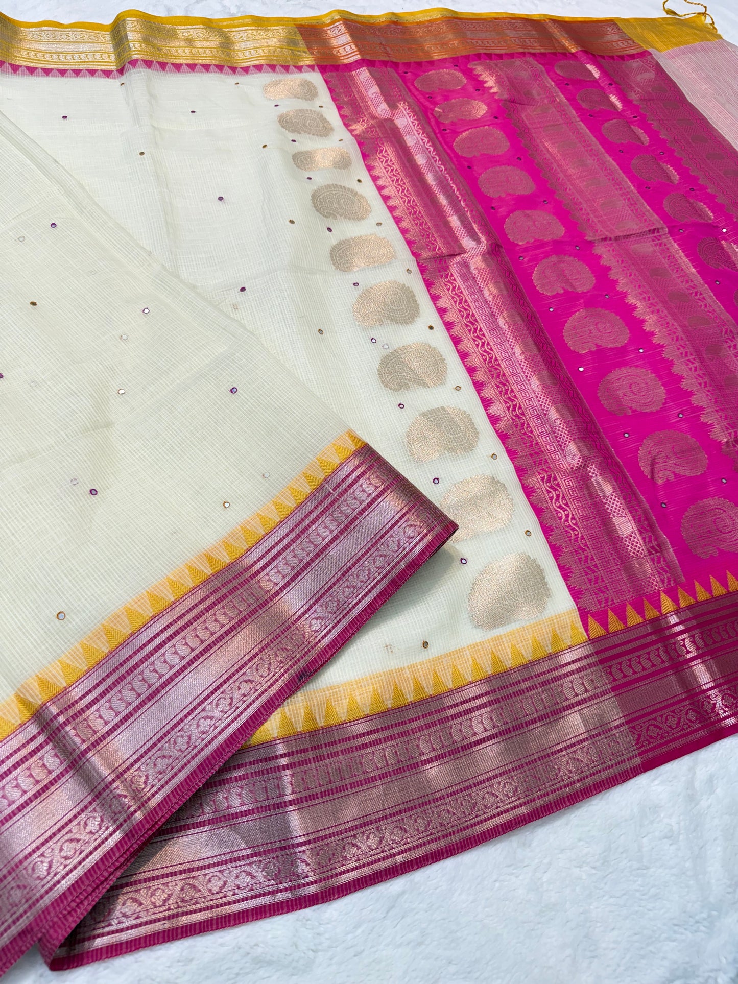 Off white mustard pink shade kota mirror work premium Banarasi saree