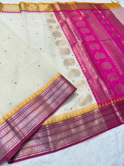Off white mustard pink shade kota mirror work premium Banarasi saree