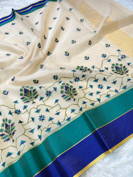 Off white navy sea green shade tissue kota embroidery Banarasi saree
