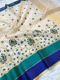 Off white navy sea green shade tissue kota embroidery Banarasi saree